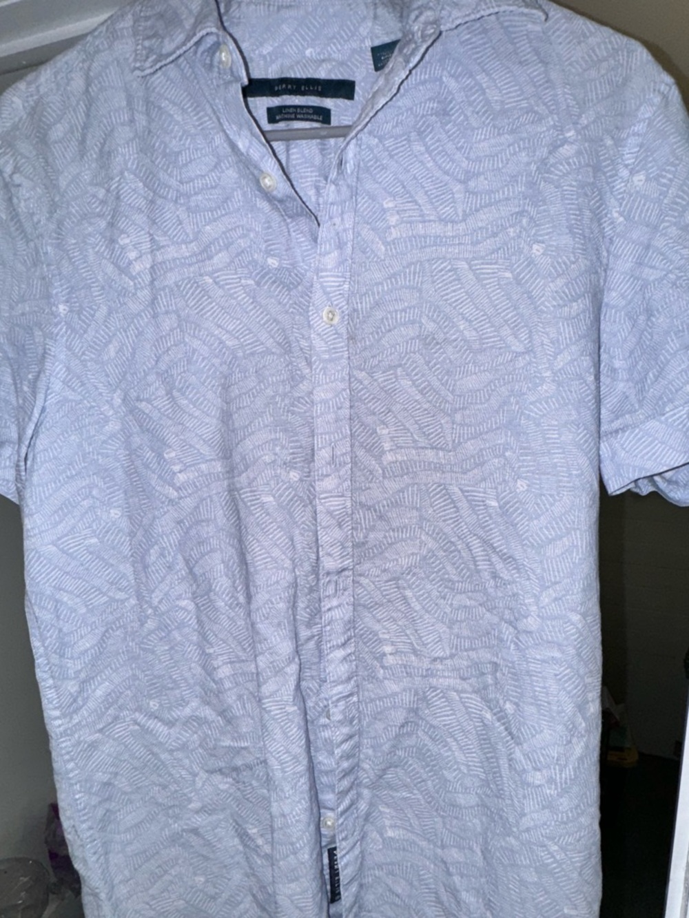 Perry Ellis Light Blue Patterned Short-Sleeve Linen Shirt